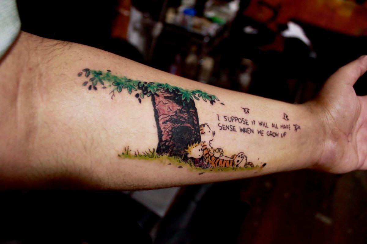 Colour Tattoo in Bangalore - Calvin Hobbes Forearm Tattoo by Veer Hegde the Best Tattoo Artist in Bangalore at Eternal Expression