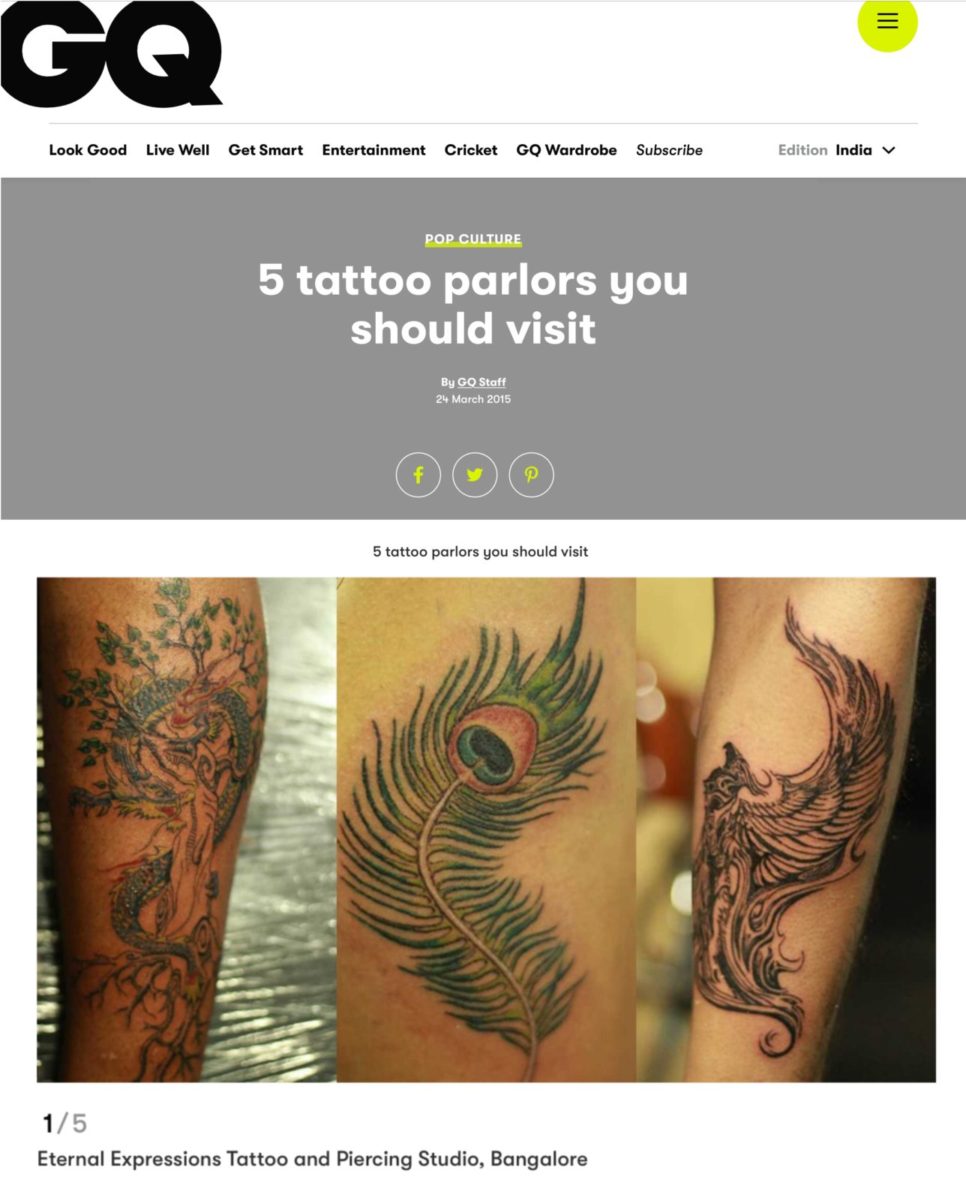 Awarded India’s Best Tattoo Studio in Bangalore by GQ India